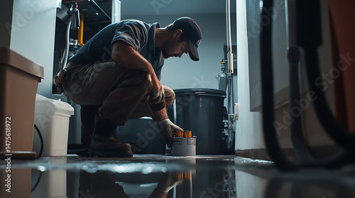 Plumber Working on a Drain in a Basement