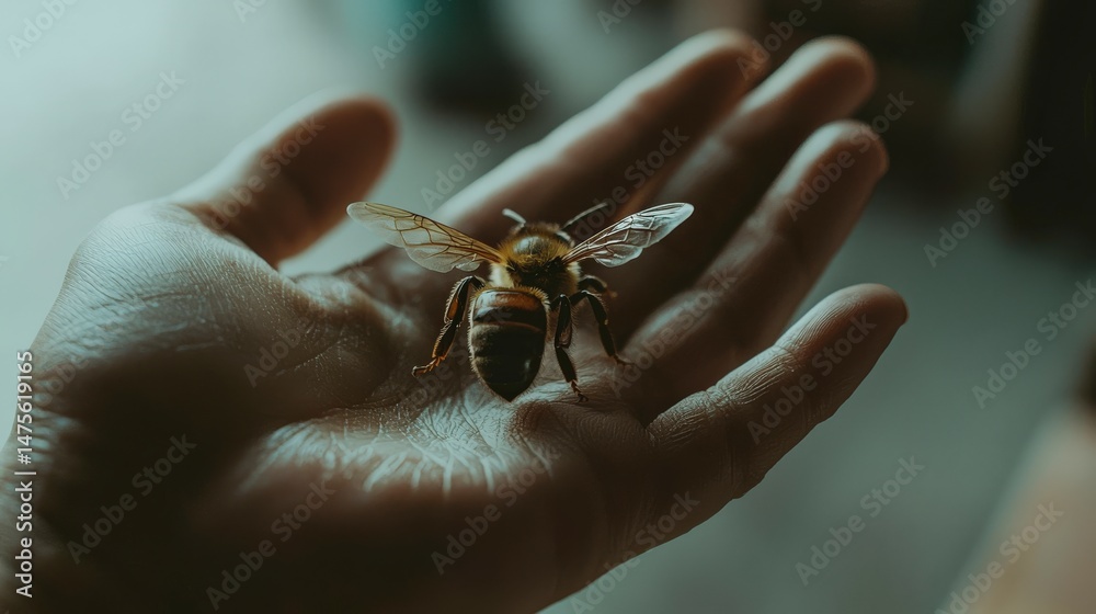 Obraz premium Honeybee Perched on Human Hand Symbolizing Human-Bees Connection