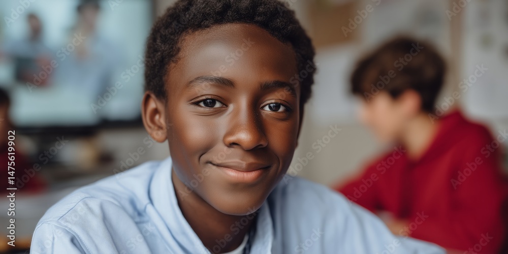 African young male student smiling in classroom setting with classmates in background African young male student smiling in classroom setting with classmates in background
