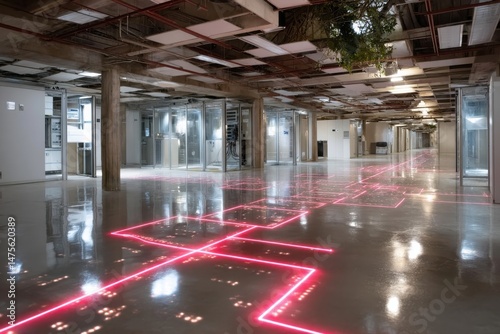 A modern indoor space features glowing pink laser pathways cutting through an industrial design, fostering a sense of energy and abstraction, while highlighting innovative architecture.
