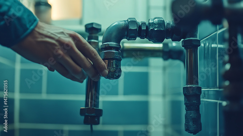 Plumber Adjusting a Pipe in a Bathroom
