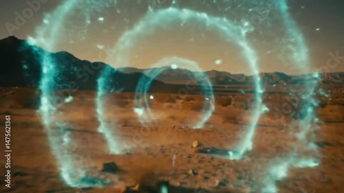 View of a desert landscape with mountains and glowing blue energy rings