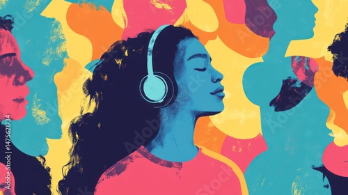 Young woman enjoying music with headphones, surrounded by colorful abstract silhouettes in background