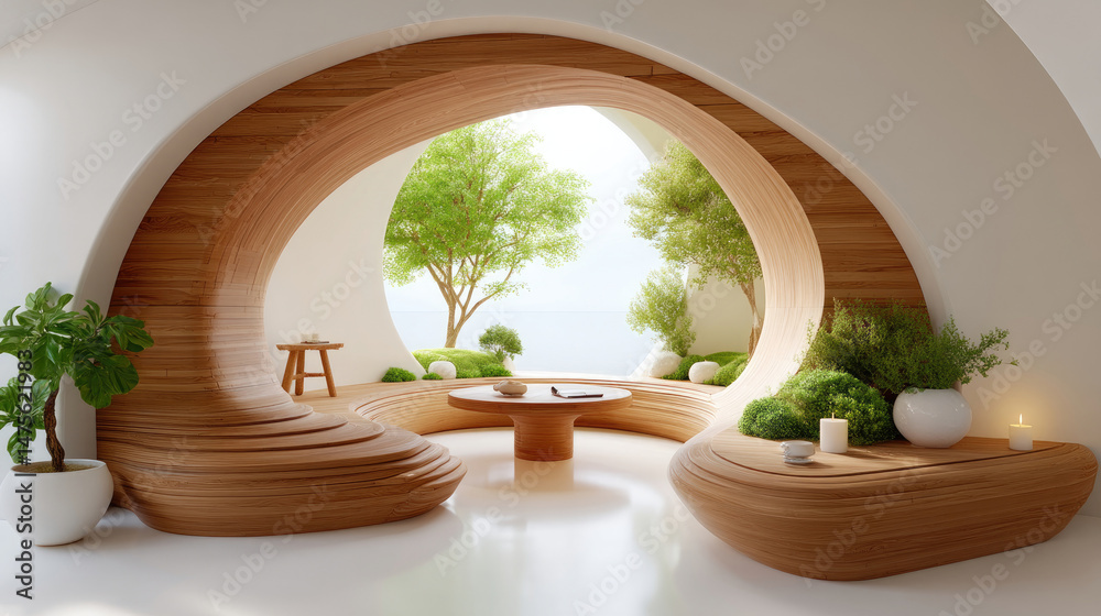 Modern interior design with wooden archway and greenery Modern interior design with wooden archway and greenery