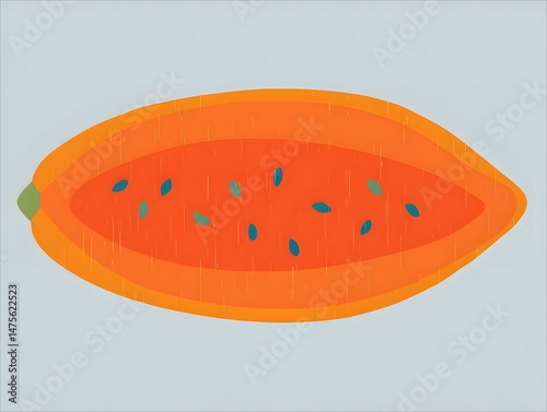 Papaya Illustration: A vibrant papaya cut open reveals its bright orange flesh and a sprinkle of dark seeds, a delightful depiction of tropical fruit.