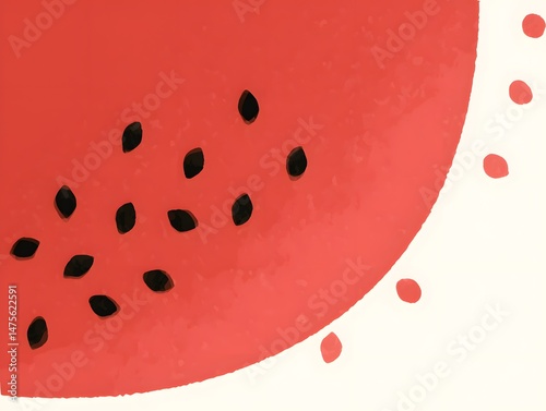 Watermelon Slice: Closeup on the vibrant red flesh of a watermelon, with a few black seeds scattered across. It's a visual delight that evokes summer days and refreshing taste.