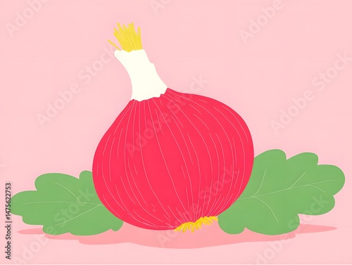Red Onion with Sprout: A vibrant illustration of a red onion with its green shoots emerging, depicting the concept of growth, renewal, and new beginnings.
