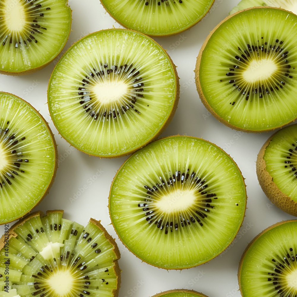 Fototapeta premium Fresh Kiwi fruit , sliced , halved on white background