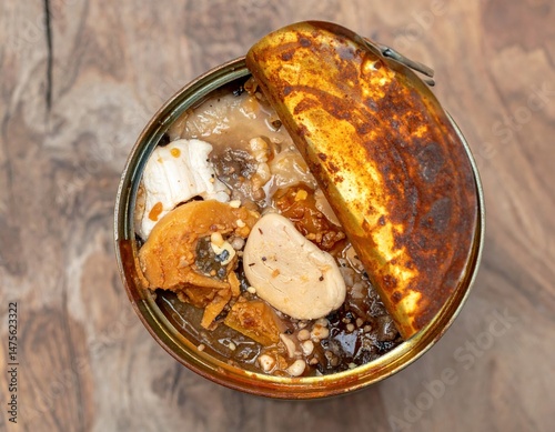 Open can of fermented surstromming fish on wooden table