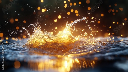Water splashes reflect golden light, creating dynamic patterns on the dark liquid surface