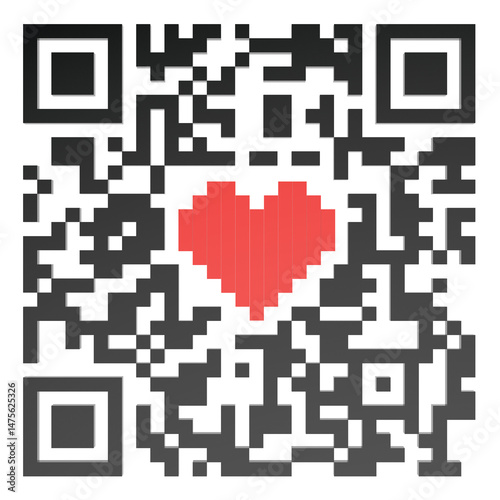 QR code with red heart symbol inside. 3D rendering isolated on transparent background
