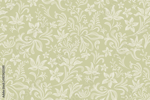 Vintage floral ethnic tapestry modern embroidery texture boho design vector illustration hand drawn silhouette green white flower motif branches leaves wallpaper seamless background border.	
