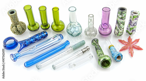 Assorted glass and resin smoking pipes arranged on white background;  background is plain white; for smoking paraphernalia websites