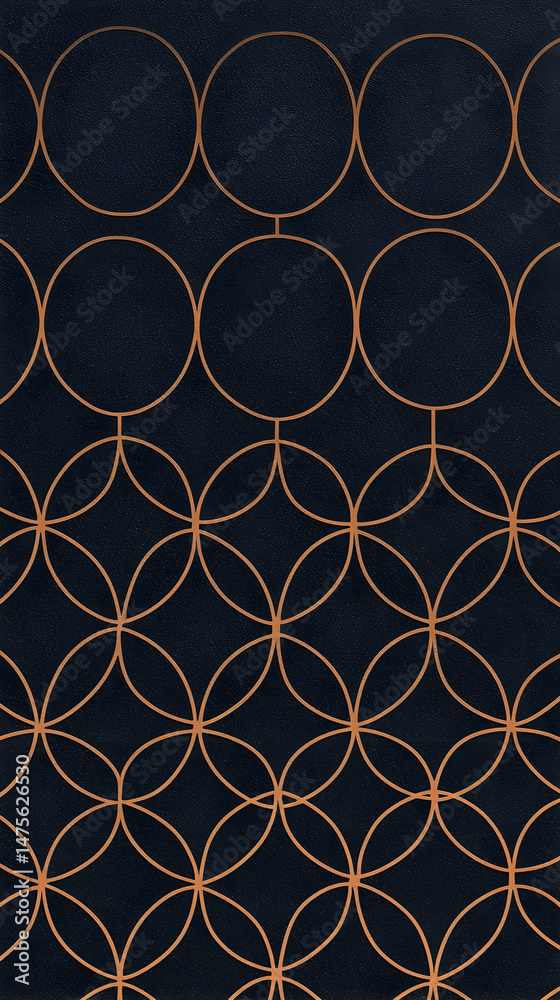Fototapeta premium Elegant copper circles on dark blue background, repeating geometric pattern, textile design