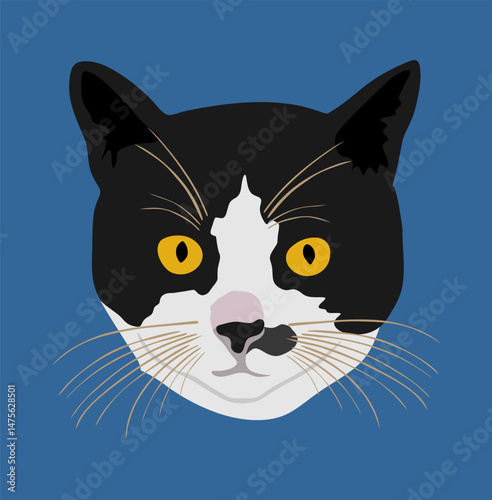 Black and white cat head vector illustration isolated. Lovely pet. Home animal. Kitty symbol.