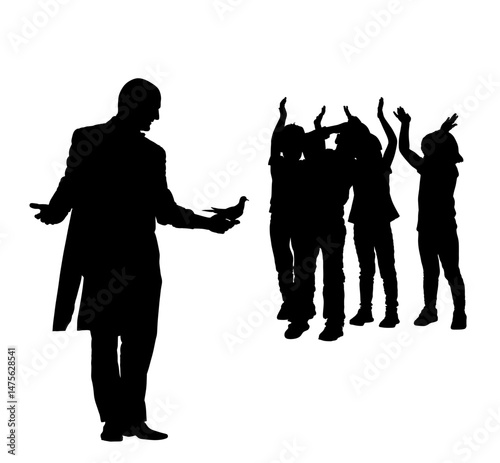 Magician man performing pigeon dove trick vector silhouette isolated. Magic performer illusionist. Bird disappears and rises. Cabaret show circus entertainment children applause performance skill.