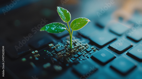 Small green plant growing from a computer keyboard. Close-up studio shot with a focus on the plant. Concept for technology, environment, sustainability, renewable energy
