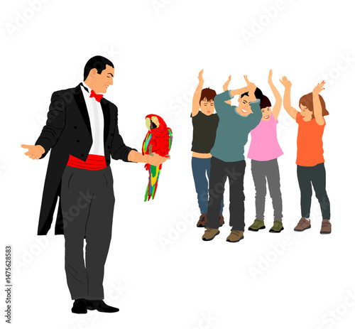Magician man performing macaw parrot trick vector illustration isolated. Magic performer illusionist. Bird disappears and rises. Cabaret show circus entertainment children applause performance skill.