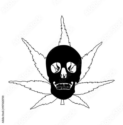 Alert of drug addiction treat symbol. Human skull over marijuana leaf vector silhouette illustration isolated. Natural ganja T shirt print relax plant Jamaica textile. Medical plant relaxation banner.