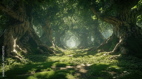 Lush, enchanted forest path illuminated by sunlight.