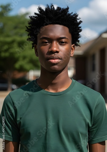 Young Black man with short curly hair, wearing plain green T-shirt, standing front-facing, neutral expression, daylight, soft shadows, DSLR photo, f/2.8, shallow depth of field.