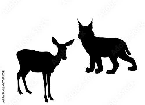 Cunning lynx hunter lurks a fawn vector silhouette isolated. Smart animal predator. Hungry bobcat hunting deer cub calf behind back. Forest wildlife food chain danger. Wild cat in hunt for prey shape.