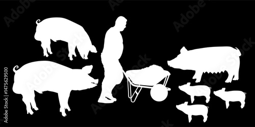 Wheelbarrow worker farmer feeds pigs family vector silhouette isolated. Loader laborer carrying food for hungry boar, sow, piglets shape. Domestic animals feeding with cart. Villager man farm job. 