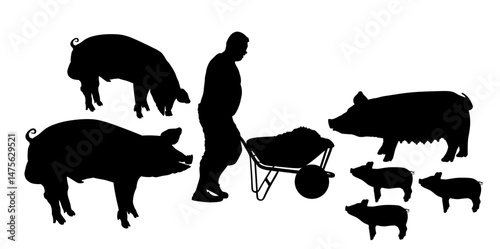 Wheelbarrow worker farmer feeds pigs family vector silhouette isolated. Loader laborer carrying food for hungry boar, sow, piglets shape. Domestic animals feeding with cart. Villager man farm job. 