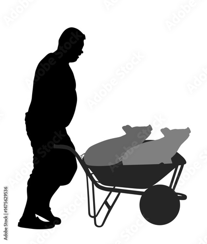 Worker farmer with baby pigs in wheelbarrow vector silhouette isolated. Man carrying loader piglet. Transportation carrying cart. Farm laborer domestic animal transport. Villager pushing cart man.