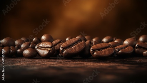 A close-up shot of freshly roasted coffee beans with varying degrees of roast, captured in warm, earthy tones against a blurred, dark background