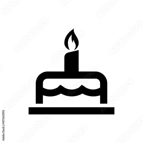 Illustration of a birthday cake with a single candle on top in solid black and white color scheme design