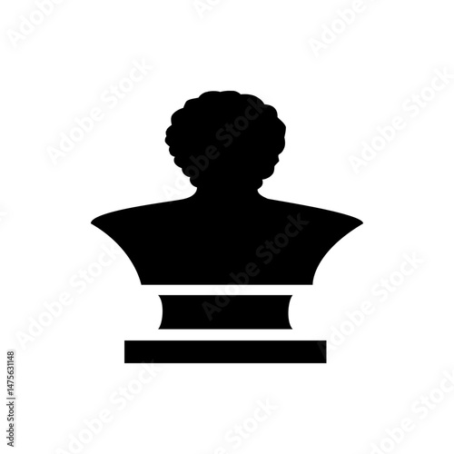 Silhouette of a bust statue with a curly hairstyle and a pedestal in solid black on a white background
