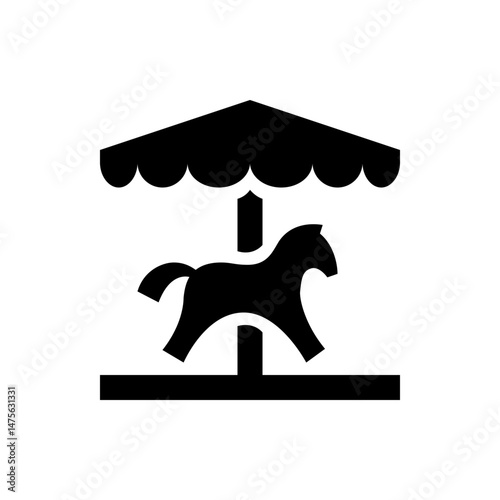 Illustration of a black carousel with a horse under a scalloped roof, simple and elegant design style