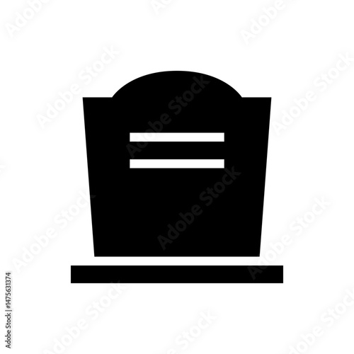 A black gravestone with a rounded top and two horizontal white lines on a black base in a cemetery