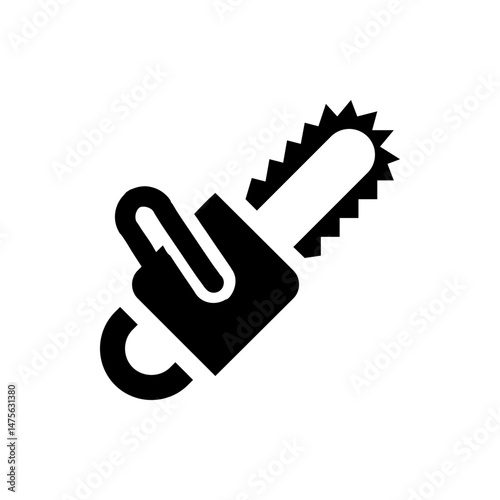 Illustration showing a black chainsaw with a handle and a toothed blade in a simple graphic style design