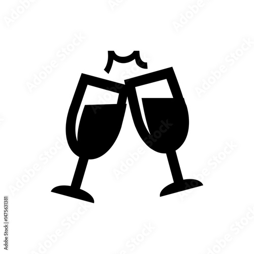 Illustration of two black wine glasses clinking together in celebration with a sparkle effect above them