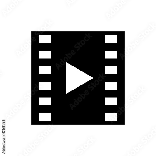 Illustration of a film strip with white squares and a play button on a black background in simple style