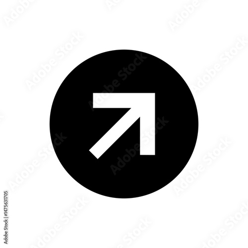 White arrow pointing to the upper right direction inside of a black circle background and simple design