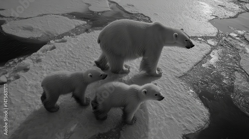 Mother Polar Bear with Two Cubs Walking Across Melting Arctic Ice