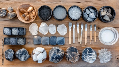 Multiple stages of lapidary polishing shown with tools, grit packs, and gemstone transformations