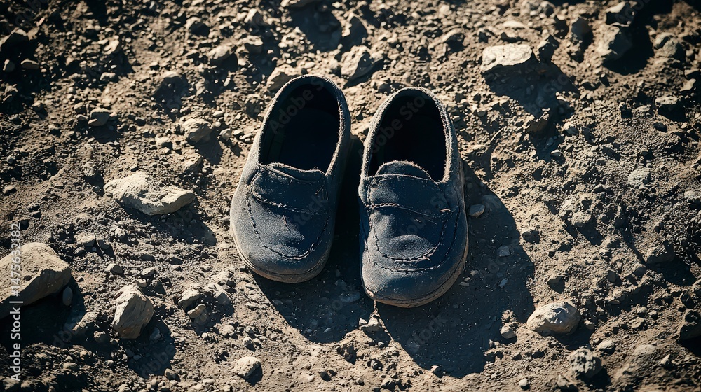 Naklejka premium Worn Small Shoes on Ground Symbolizing Lost Childhood Memories