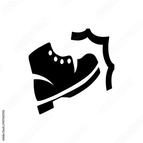 Illustration of a black boot with laces stomping down with an impact graphic on a white background