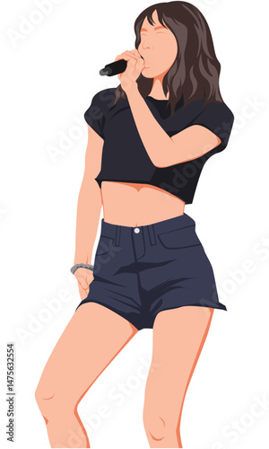 Flat vector illustration korean pop idol dancing. Korean dancer performing choreography. Female fashion model in black outfit. Asian beauty model singing on stage holding microphone.