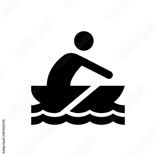 Silhouette of a person rowing a boat on water with visible waves, depicted in a simple black and white style