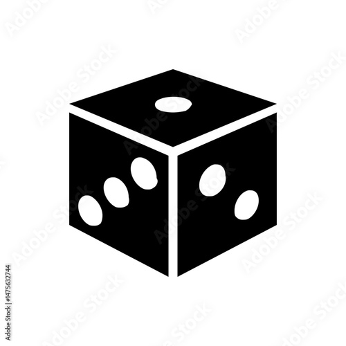 A black die with white spots showing one, three, and five, casting a shadow on a white background