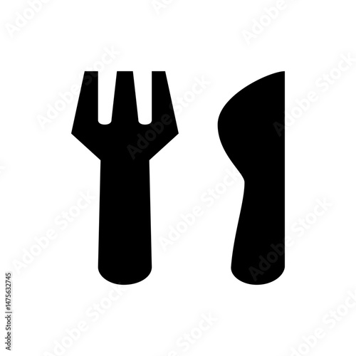 Illustration showing a black fork with three tines next to a black knife on a white background design icon