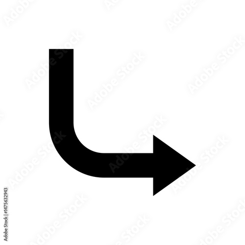 Black arrow pointing right with a vertical section turning at a right angle on a white background image