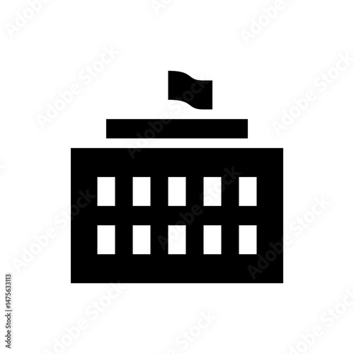 Illustration of a government building with a flag on top in black and white simple vector design with clean lines