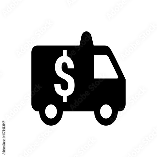 Illustration of a black ambulance with a white dollar sign on the side and white wheels shown clearly