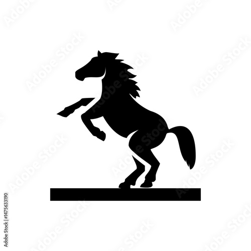 A black silhouette of a horse rearing up on its hind legs with a flowing mane and tail design here now